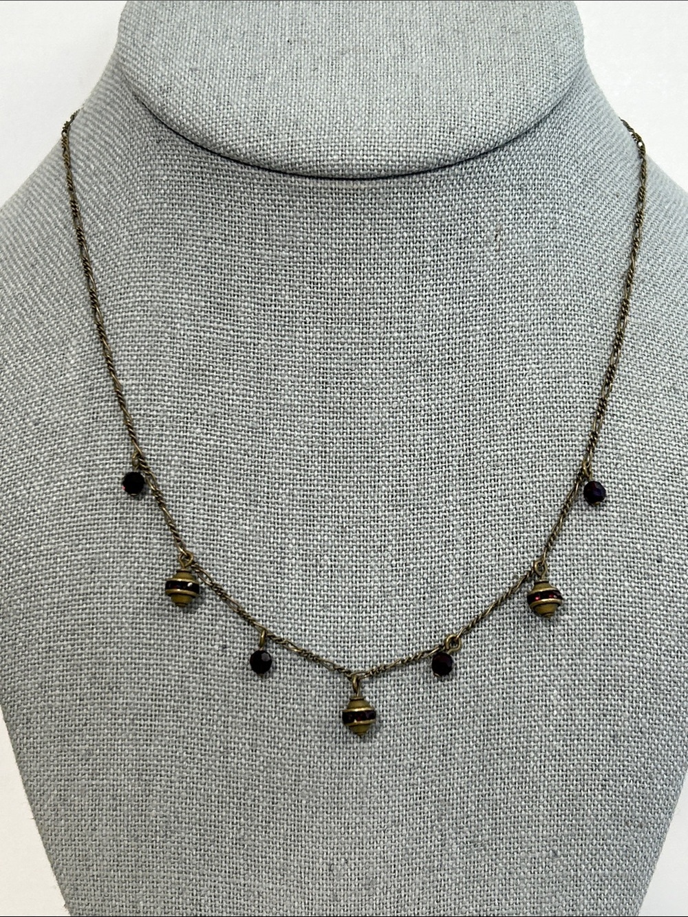 Delicate Brass Bead and Dark Red Crystal Charm Necklace